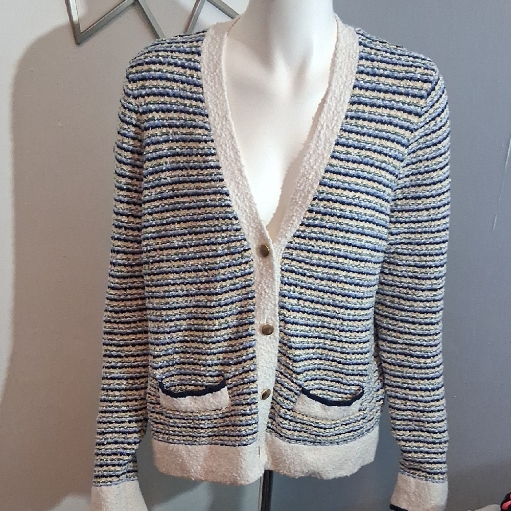 Liz Claiborne Navy and Cream Striped Cardigan